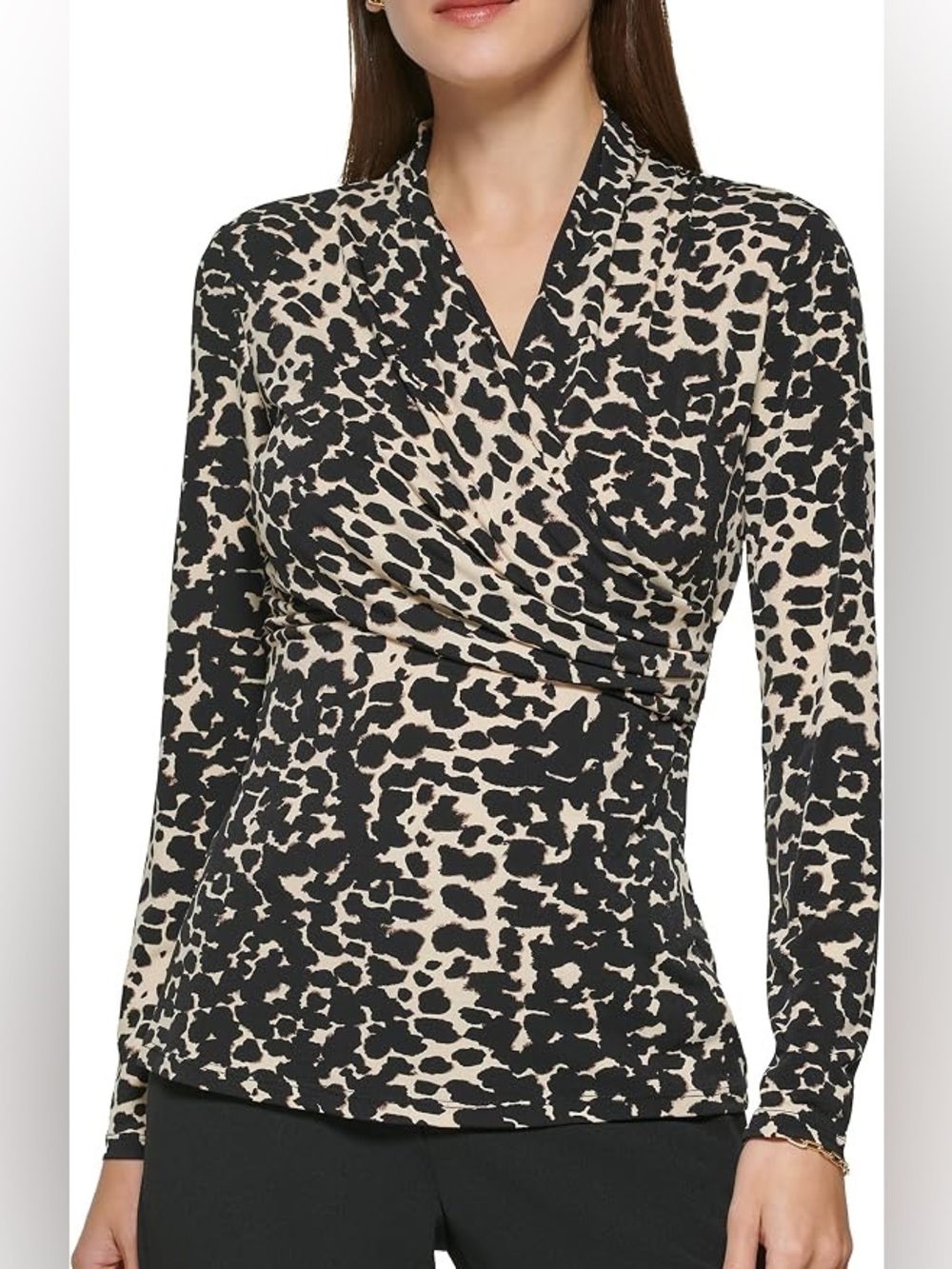 DKNY Women's Black & Cream Leopard Wrap-Style stretchy top